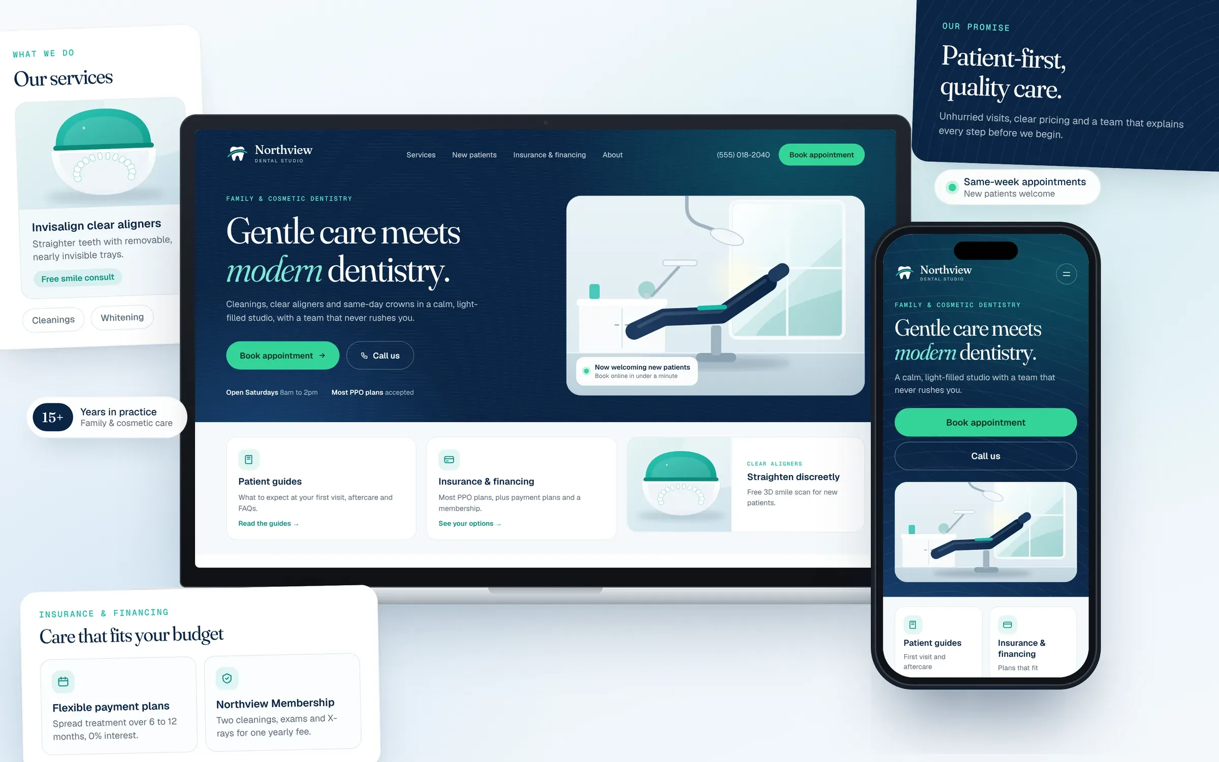 A laptop and phone showing the Northview Dental Studio homepage, with a deep-navy hero, the headline Gentle care meets modern dentistry and a Book appointment button, surrounded by cards for services, financing options and a Patient-first, quality care promise.