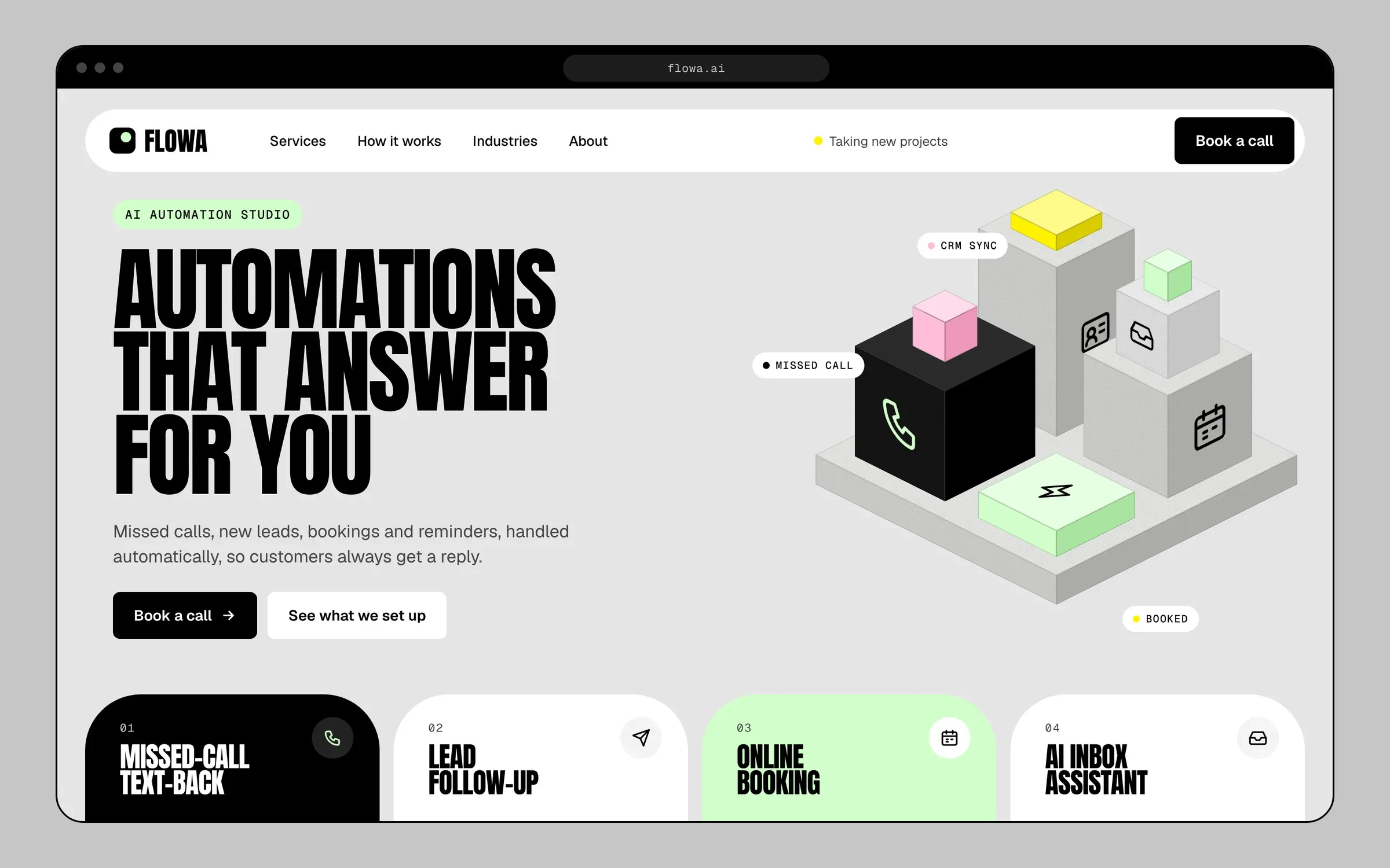 The Flowa AI homepage in a desktop browser, with the headline 'Automations that answer for you', a Book a call button and a cluster of 3D blocks marked with phone, calendar, inbox and CRM icons.