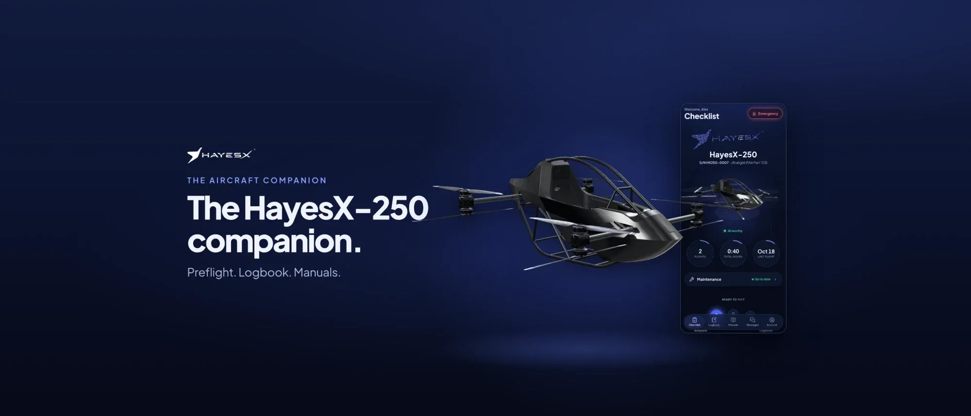 The HayesX pilot companion app open on its checklist screen, next to the HayesX-250 aircraft