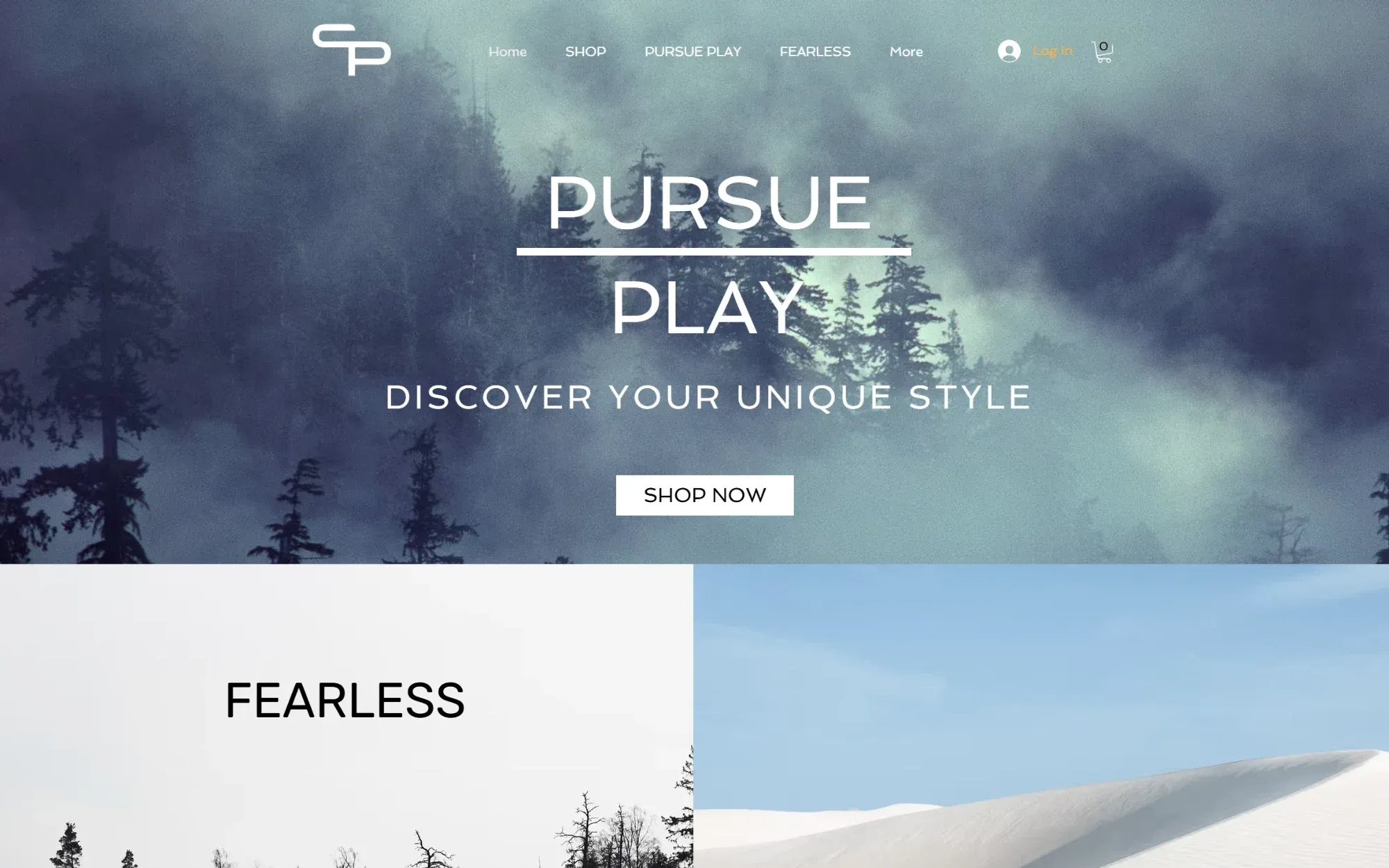 The Pursue Play homepage: a misty forest hero with the Pursue Play wordmark, 'Discover your unique style' and a Shop now button.